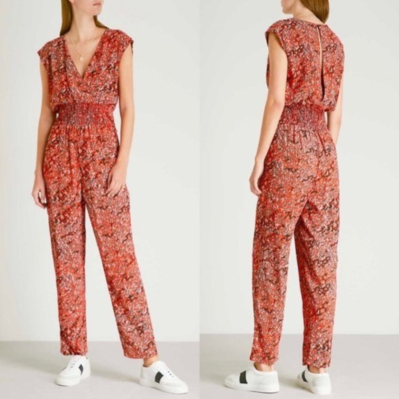 MAJE Red Smocked PIOMA Leopard Print Jumpsuit sz 38 US 6 - Picture 1 of 9